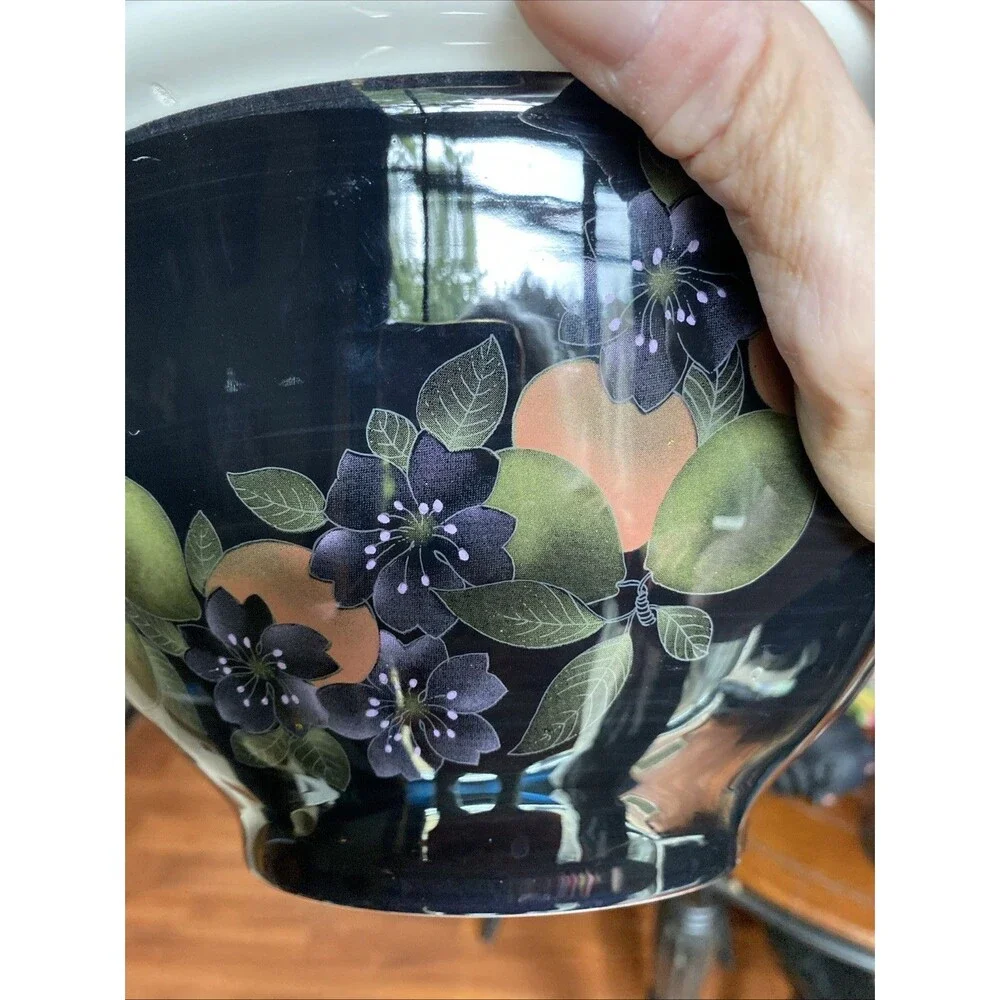 Vintage Italian CARM HandPainted Large 10.75” Serving bowl Black w/peach Green